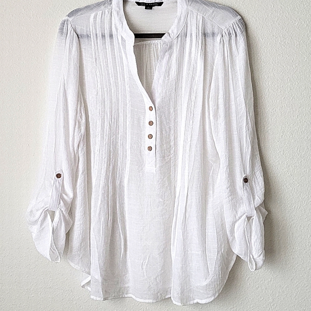 Zac & Rachel White Sheer Gauze Top Blouse Push Up Button Tab Sleeves L